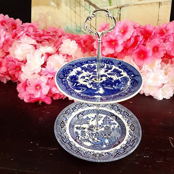 Handmade 2 Tier Cake Stand Blue Willow Jewelry Trinket Tray Tea Party Decor Gift - Picture 1 of 7